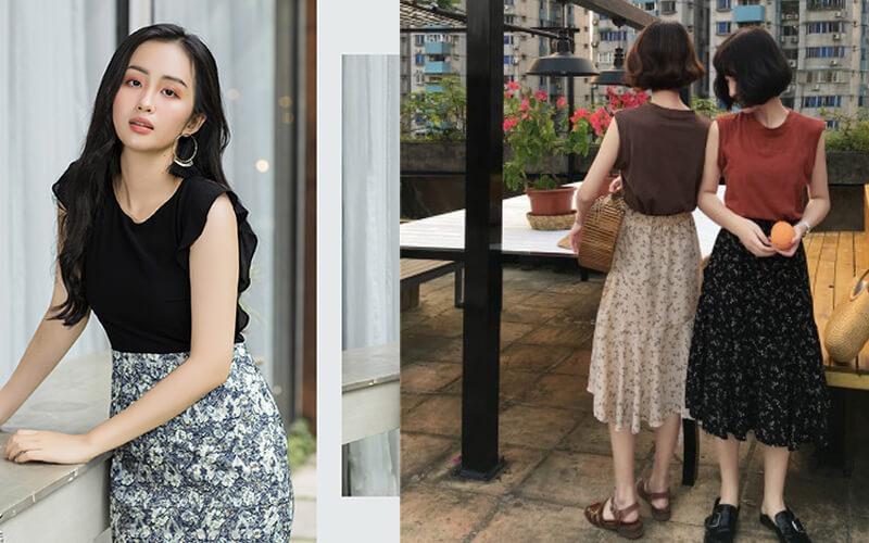 Phối chân váy hoa nhí cùng áo sát nách