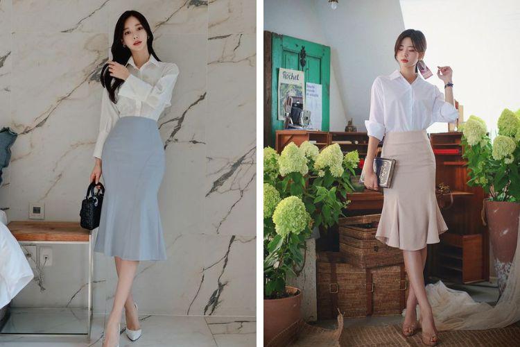 Phối đồ với chân váy đuôi cá cùng áo sơ mi