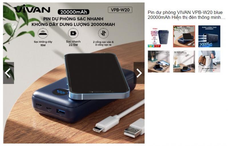 Pin sạc dự phòng không dây  VIVAN VPB-W20 20000mAh