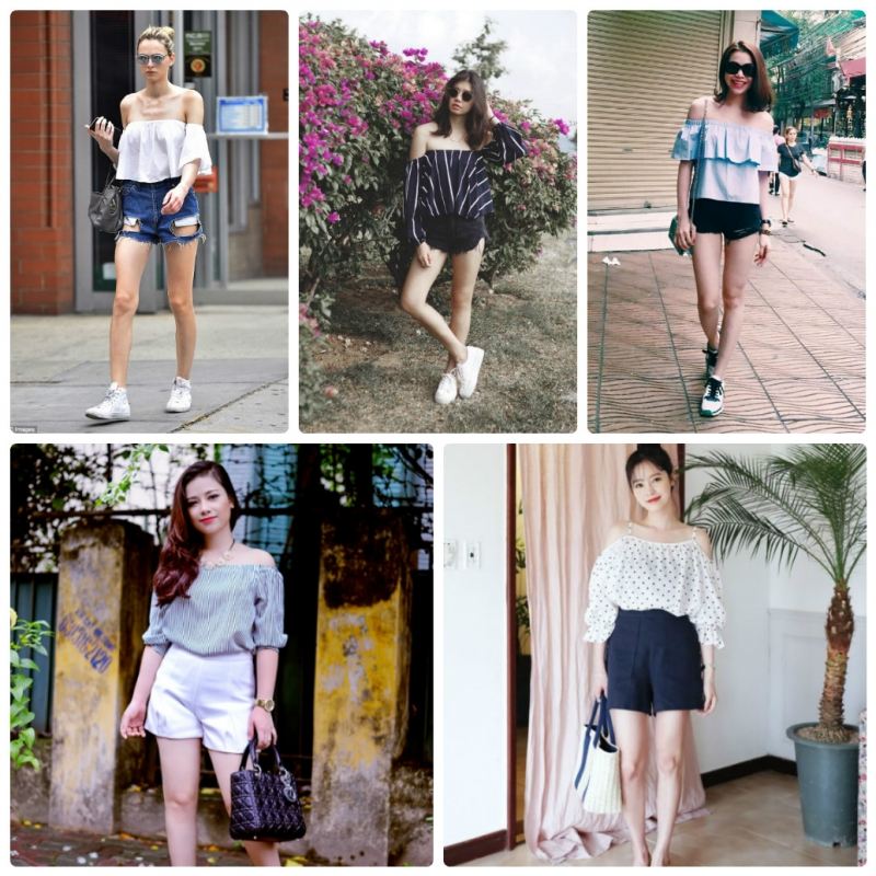 Quần shorts kết hợp áo trễ vai