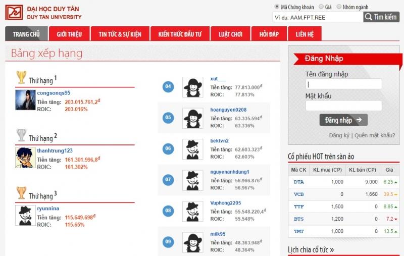 Giao diện của Sản chứng khoán ảo Estock của đại học Duy Tân