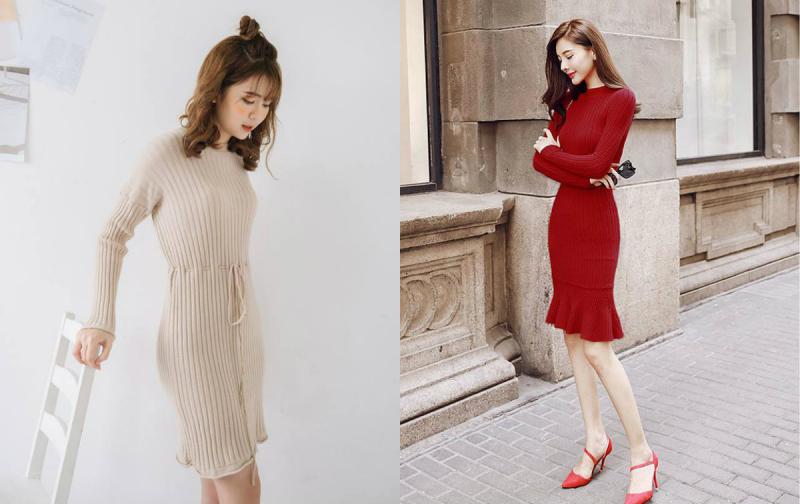 Set áo và váy len + boot hoặc giày cao gót
