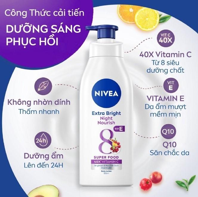Sữa dưỡng thể Nivea sáng da ban đêm từ 8 Super Foods