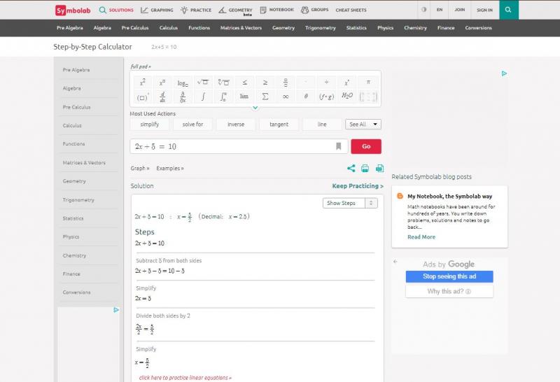 Ví dụ giải toán trên website của Symbolab