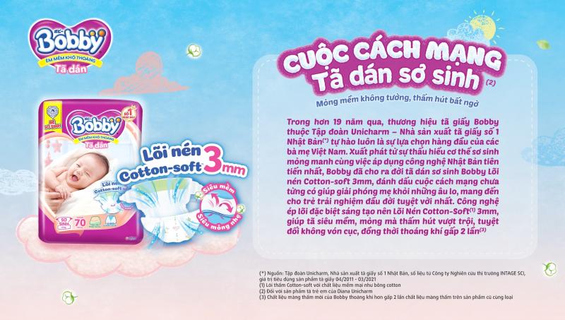 Tã dán Bobby với Bề mặt 3D Khô thoáng, cấu tạo bề mặt dạng sóng với vô số rãnh thấm hút, giúp đẩy hơn nóng ẩm ra ngoài cho bé luôn khô thoáng