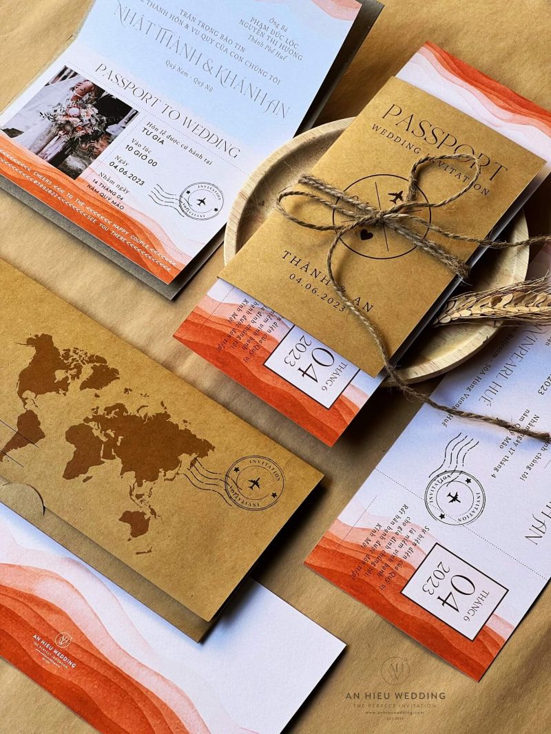 Thiệp cưới Passport màu nước tông màu cam đất