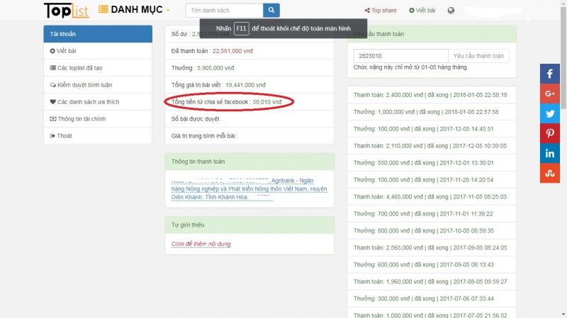 Xem tổng số tiền kiếm được từ Top share bạn vào mục [ Quản lý tài chính].