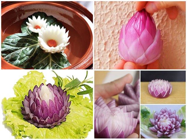 Tỉa hoa sen từ hành tây.
