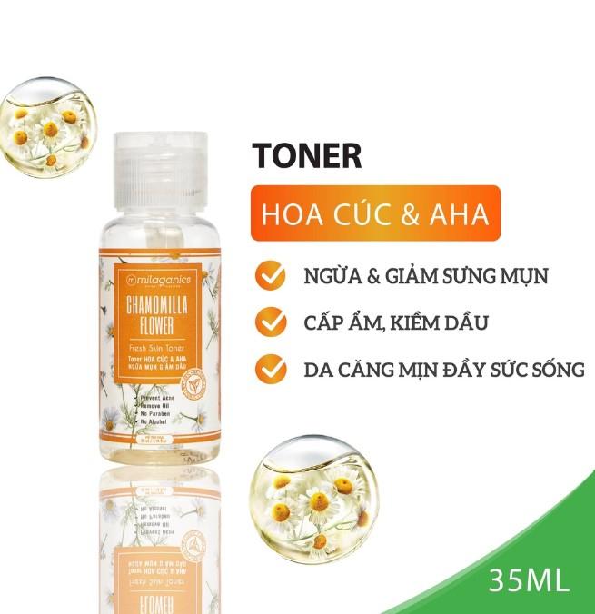 Toner hoa cúc & AHA - nước hoa hồng ngừa mụn, kiềm dầu dành cho da dầu mụn Milaganics