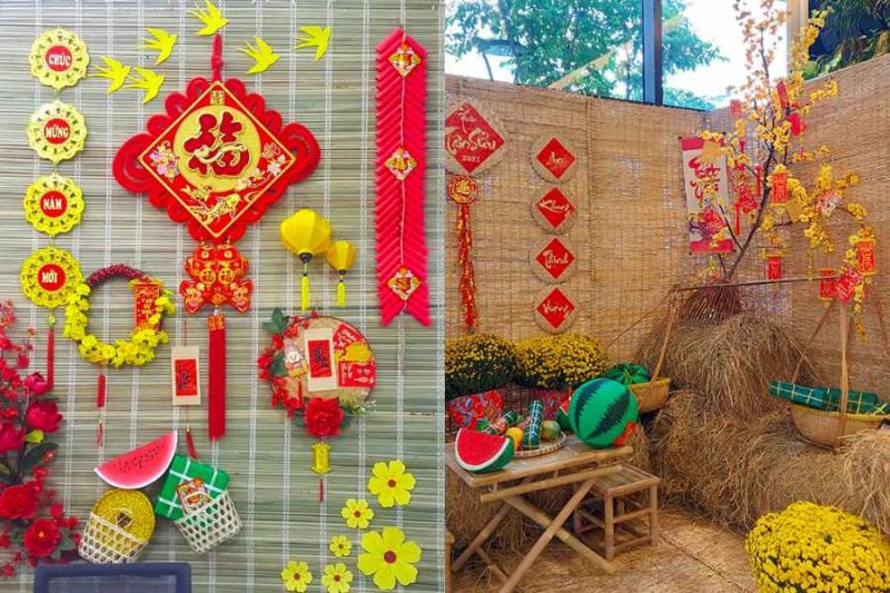 Trang trí tiểu cảnh Tết xưa nhà quê với chậu hoa, rơm rạ