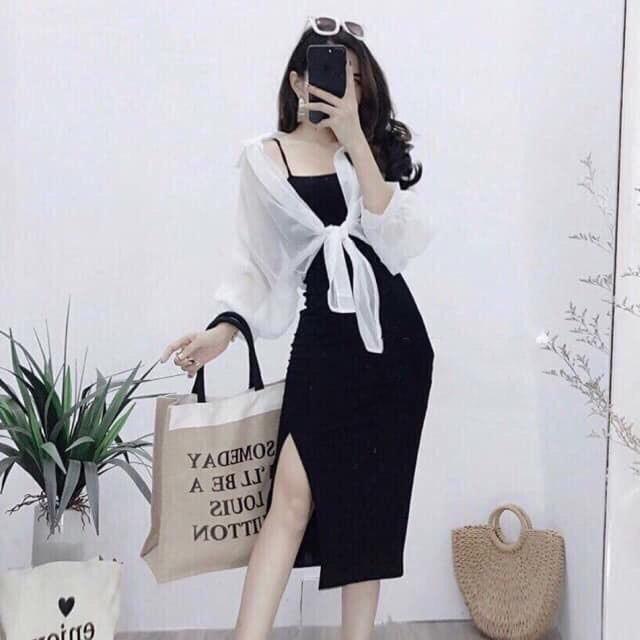 Váy hai dây body với áo sơ mi mỏng