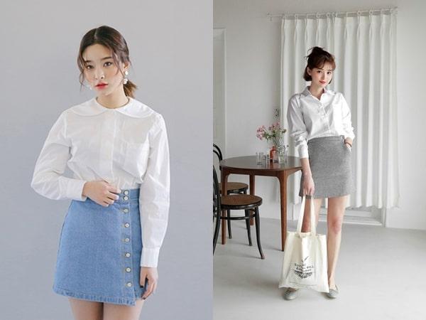 Váy jeans kết hợp với áo sơ mi.