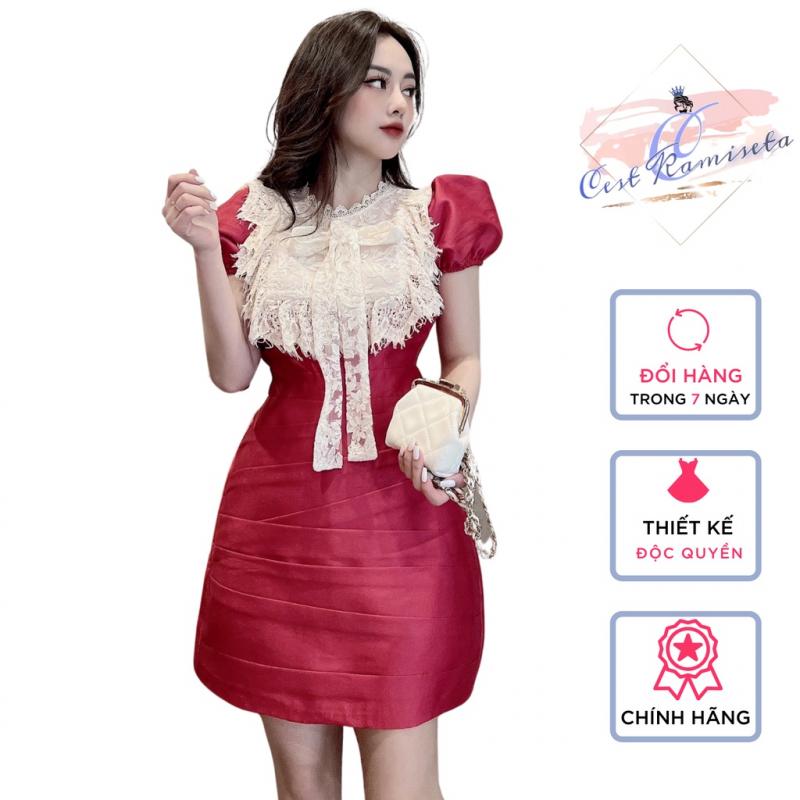Váy tapta Cest Kamiseta thiết kế body ôm tầng cổ phối ren điệu đà tiểu thư sang chảnh