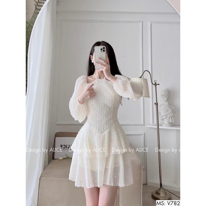 Váy tiểu thư voan hạt cổ yếm trễ vai ALICE dáng xòe ngắn 2 tầng phối tay bồng sang chảnh V782