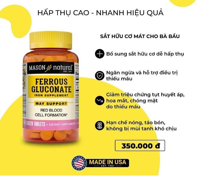 Viên uống bổ máu, tăng tế bào hồng cầu Mason Natural Ferrouse Gluconate 100 viên
