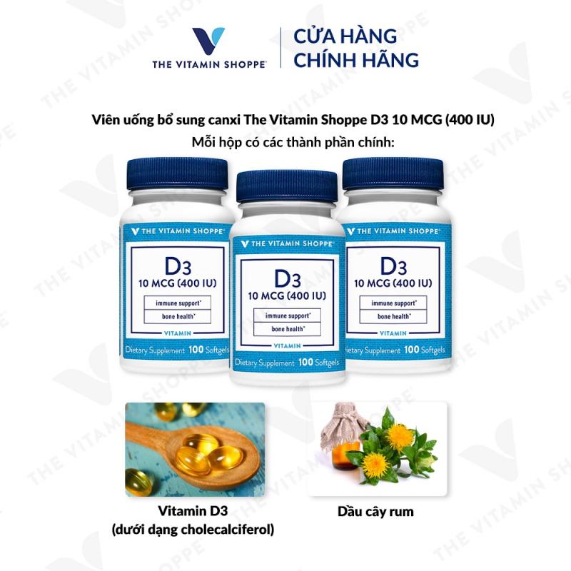 Viên uống bổ sung Vitamin D3, canxi The Vitamin Shoppe D3 10 MCG (400 IU) 100 viên chắc khỏe xương