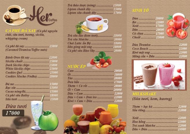Thực đơn đa dạng của quán Her Coffee