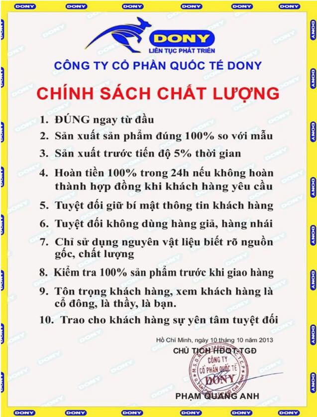Cam kết đảm bảo chất lượng của xưởng may Dony