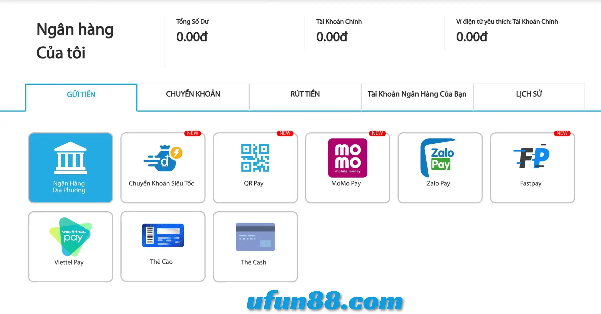 Fun88 hỗ trợ nhiều phương thức nạp tiền

