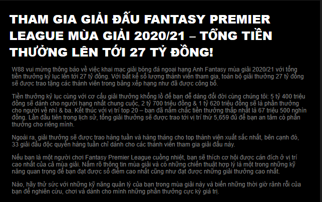 Thông Báo Của W88a1 về Giải Đấu FanTaSy Premier League